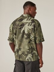 Khaki Green Printed Short Sleeve Shirt With Cuban Collar - Image 3 of 8