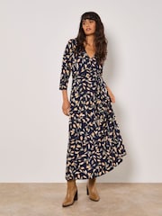 Apricot Blue Leaf Print Wrap Maxi Dress - Image 1 of 3