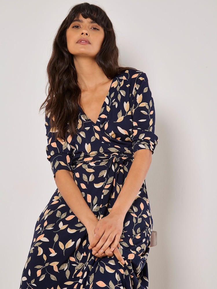 Apricot Blue Leaf Print Wrap Maxi Dress - Image 3 of 3