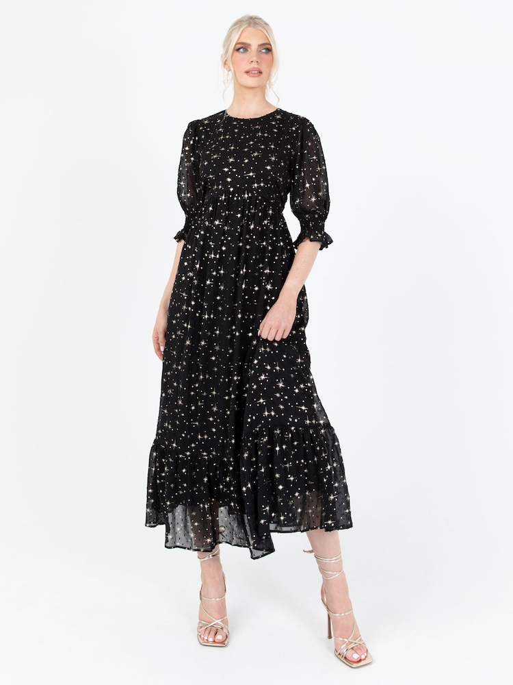 Lovedrobe Printed Puff Sleeve Black Midaxi Dress - Image 1 of 6