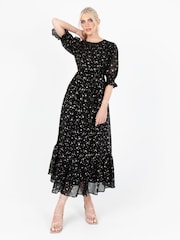 Lovedrobe Printed Puff Sleeve Black Midaxi Dress - Image 4 of 6