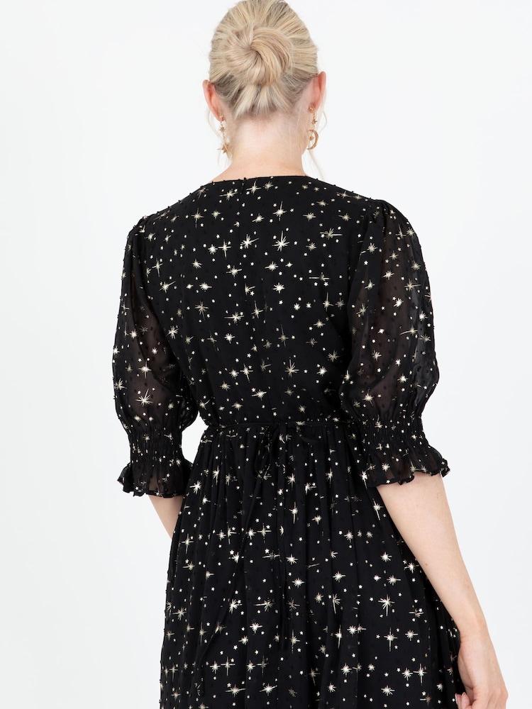 Lovedrobe Printed Puff Sleeve Black Midaxi Dress - Image 6 of 6