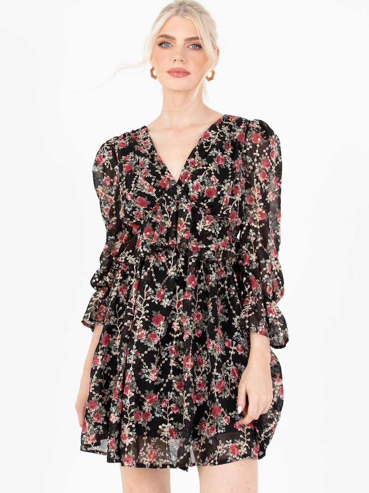 Lovedrobe Frill Front Embroidered Black Mini Dress - Image 6 of 6
