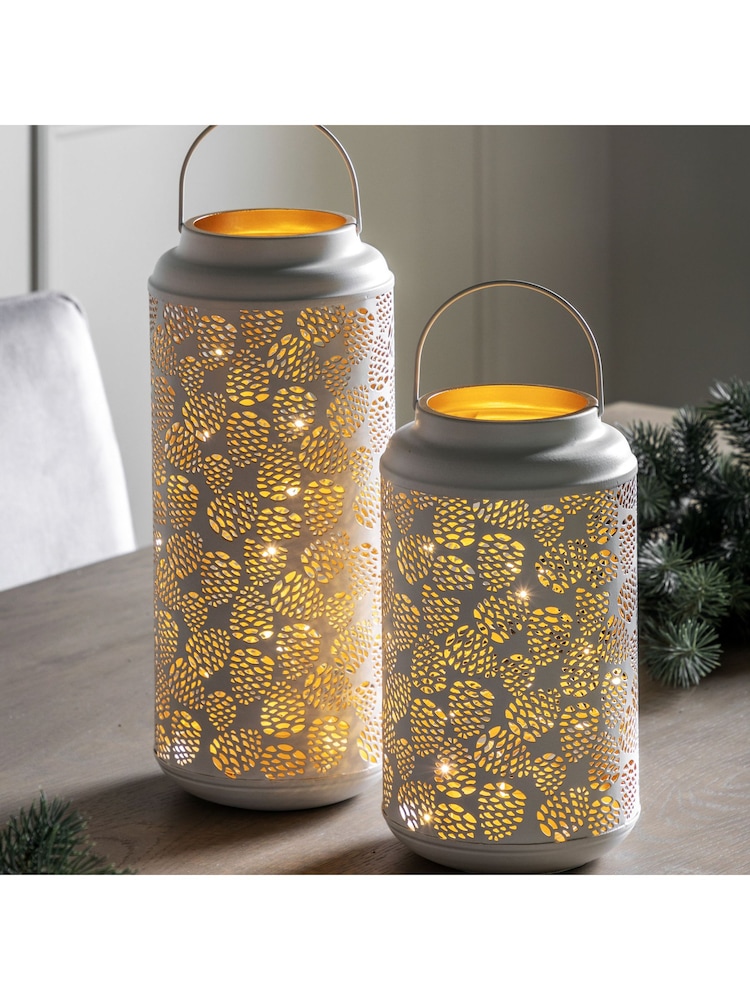 Gallery Home White Christmas Pinecone Large LED Lantern Light - Image 1 of 6