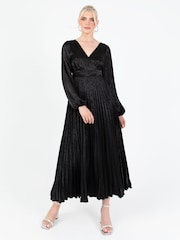Lovedrobe Jacquard Satin Pleated Black Midaxi Dress - Image 3 of 5