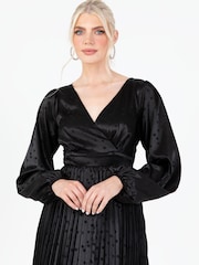 Lovedrobe Jacquard Satin Pleated Black Midaxi Dress - Image 4 of 5
