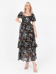Lovedrobe Blue Foil Printed Lace Tiered Hem Midaxi Dress - Image 1 of 5
