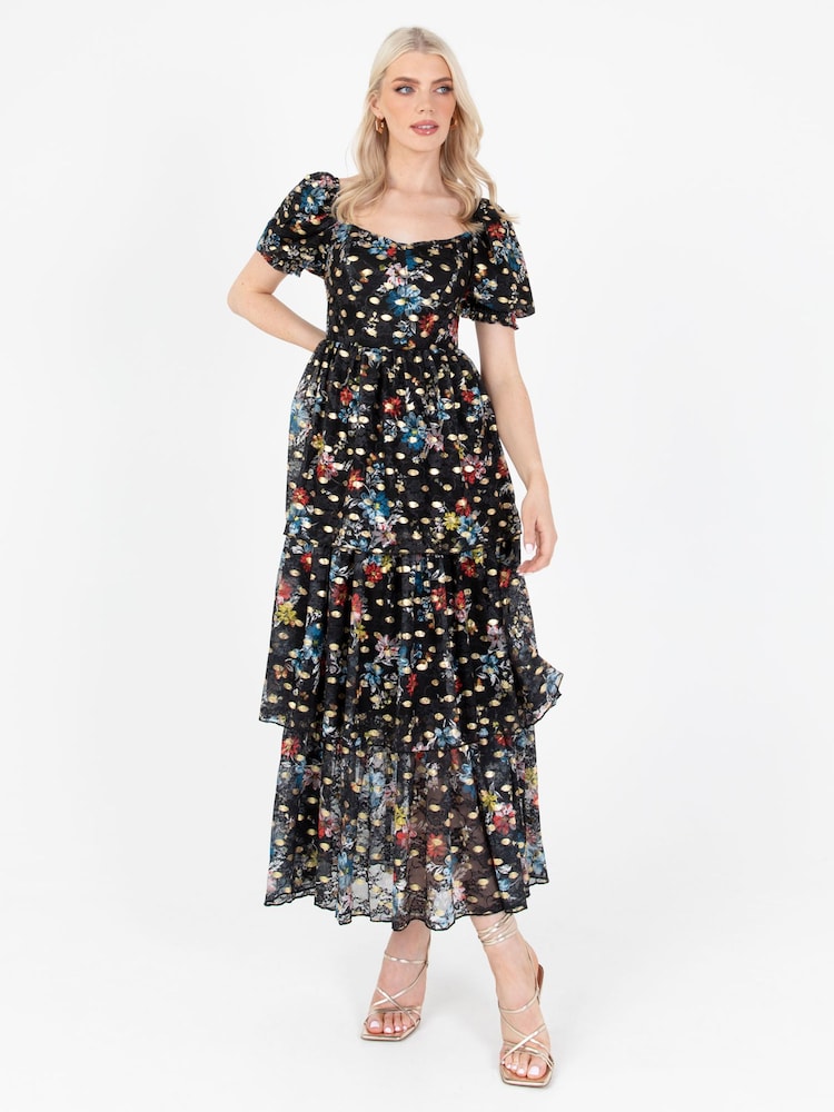 Lovedrobe Blue Foil Printed Lace Tiered Hem Midaxi Dress - Image 1 of 5