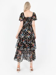 Lovedrobe Blue Foil Printed Lace Tiered Hem Midaxi Dress - Image 3 of 5
