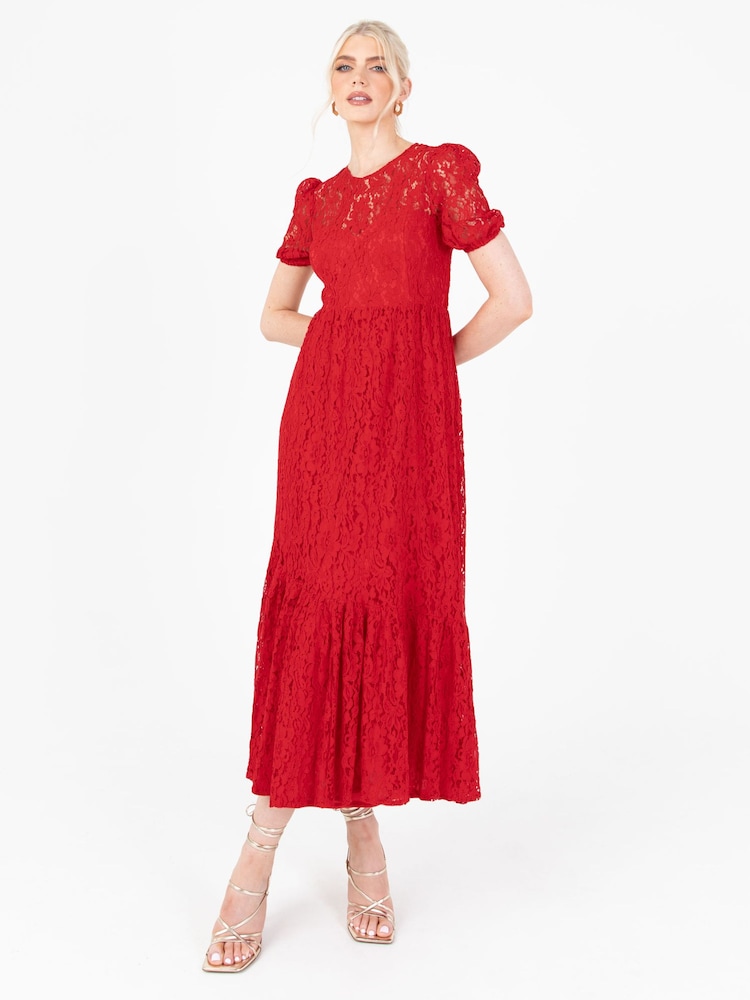 Lovedrobe Red Lace Puff Sleeve Midaxi Dress - Image 1 of 6