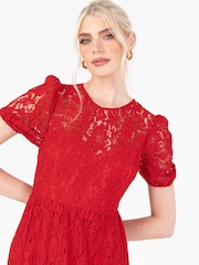 Lovedrobe Red Lace Puff Sleeve Midaxi Dress - Image 5 of 6