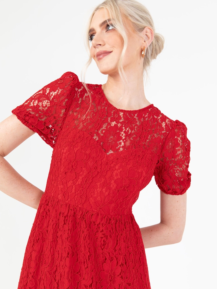 Lovedrobe Red Lace Puff Sleeve Midaxi Dress - Image 6 of 6