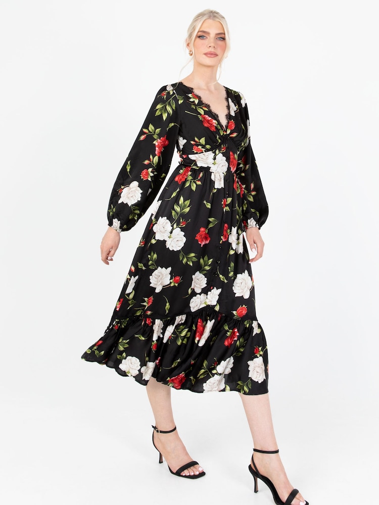 Lovedrobe Printed Lace Trim Black Midaxi Dress - Image 1 of 7