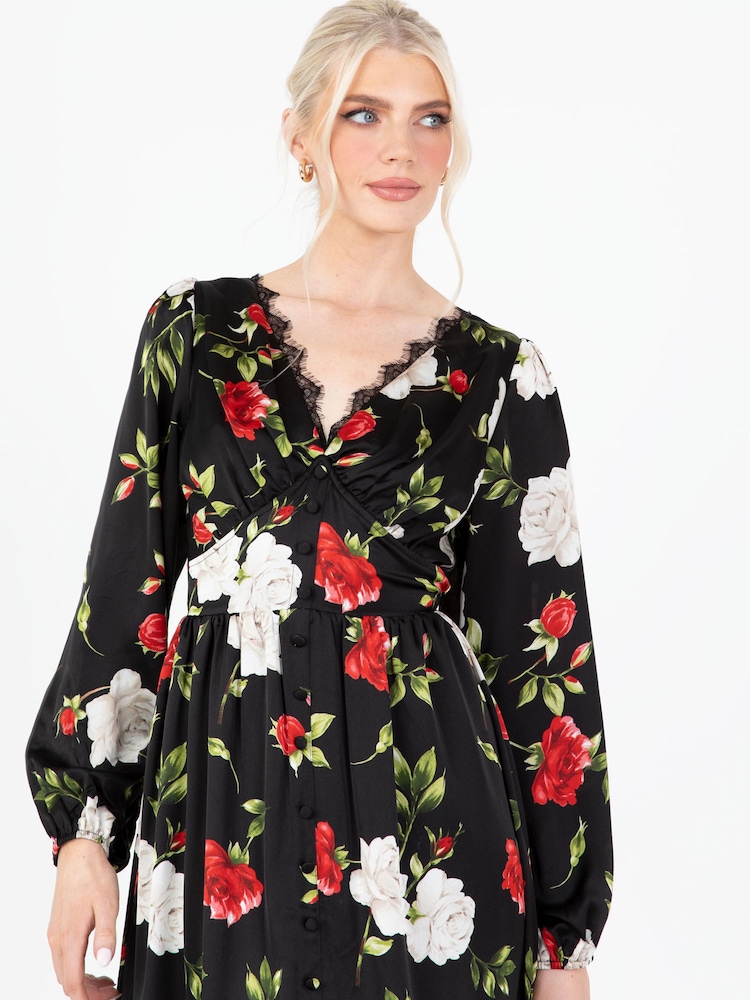 Lovedrobe Printed Lace Trim Black Midaxi Dress - Image 7 of 7
