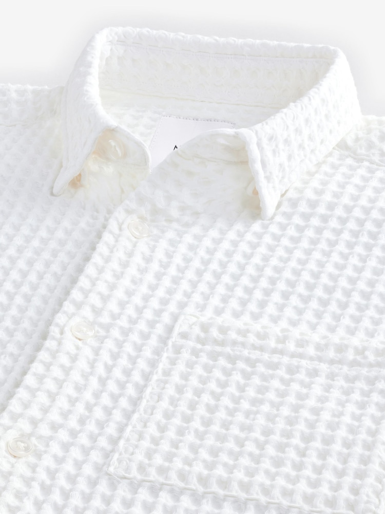 White Waffle Texture Short Sleeve 100% Cotton Shirt - Image 8 of 8