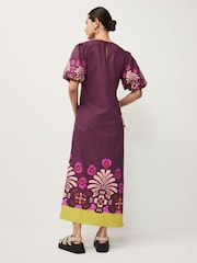 Wine Red Floral Placement Ruched Side Puff Sleeve Midi Dress - Image 2 of 5