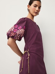 Wine Red Floral Placement Ruched Side Puff Sleeve Midi Dress - Image 3 of 5