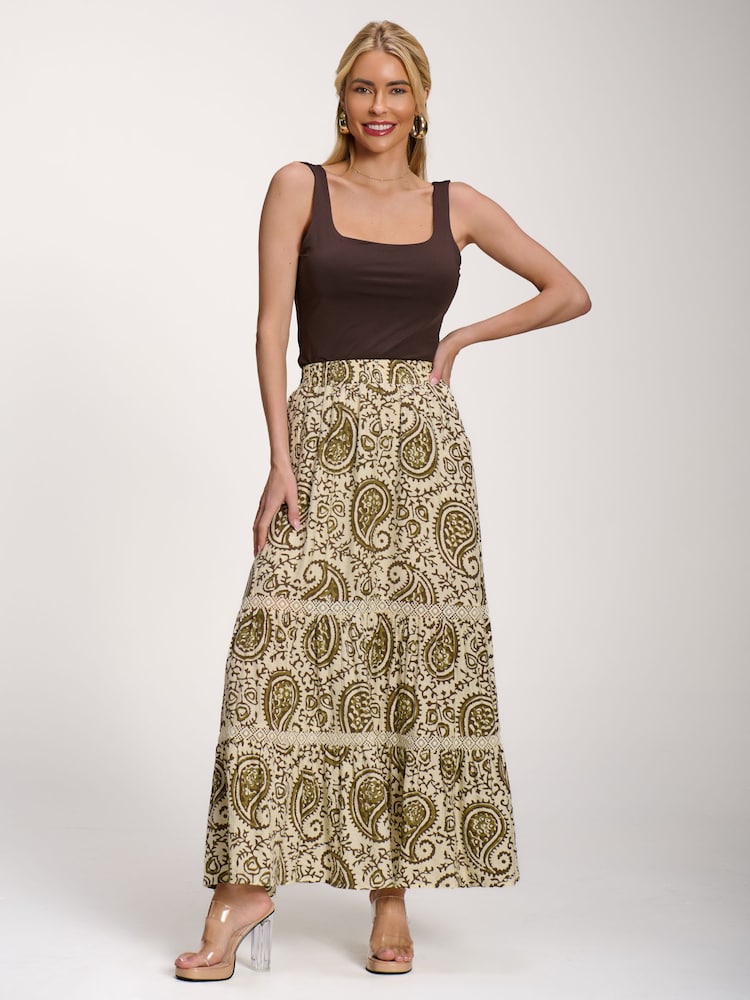 Jolie Moi Green Lace Trim Tiered Maxi Skirt - Image 1 of 6