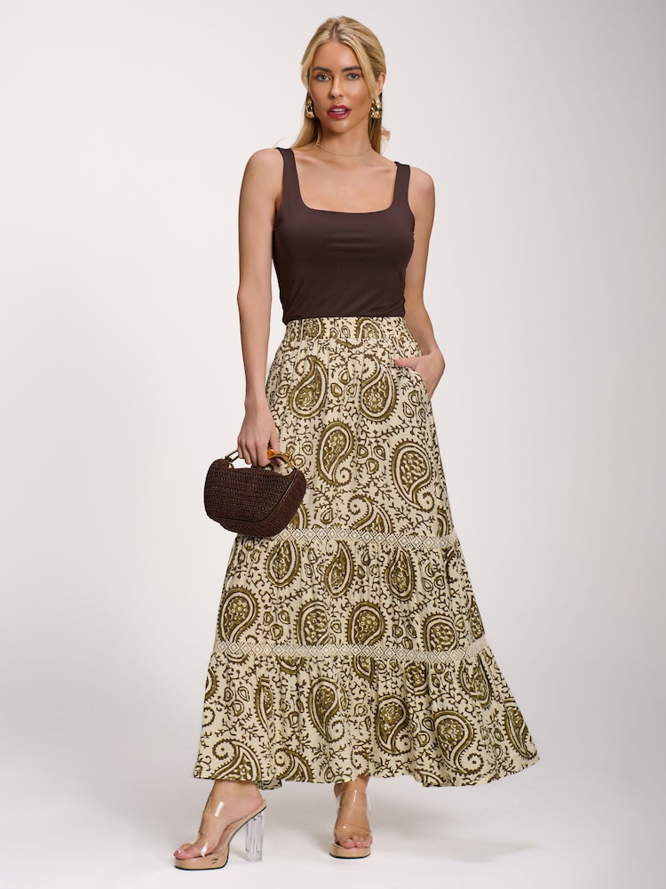 Jolie Moi Green Lace Trim Tiered Maxi Skirt - Image 6 of 6