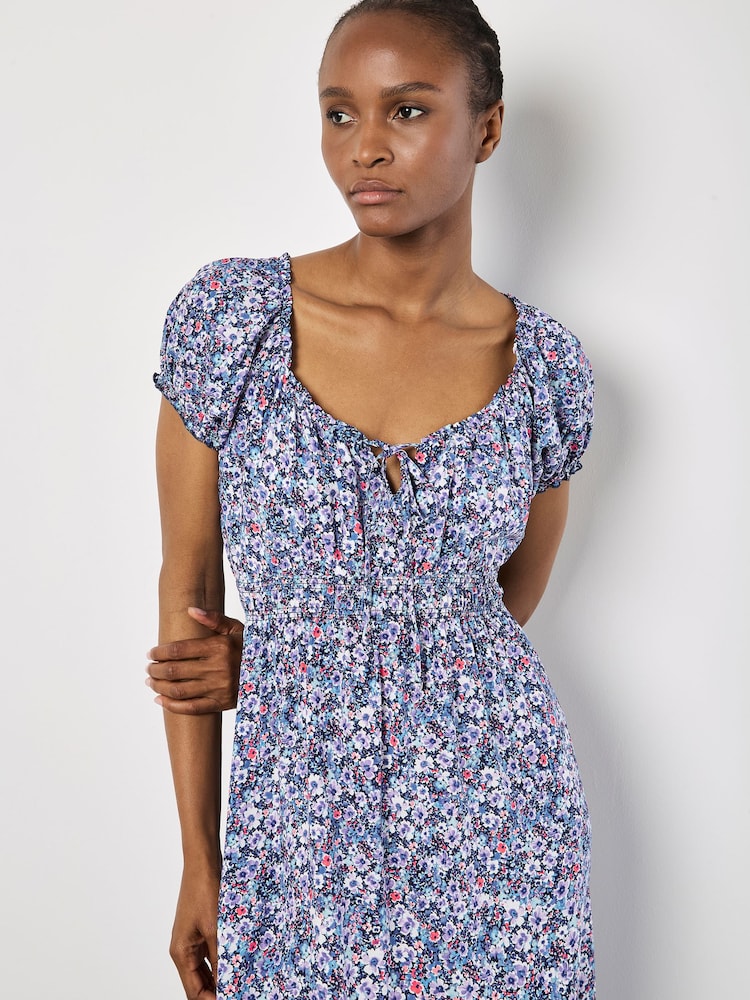 Apricot Purple Watercolour Floral Milkmaid Midi Dress - Image 1 of 4 Apricot Purple Watercolour Floral Milkmaid Midi Dress - Image 1 of 4
