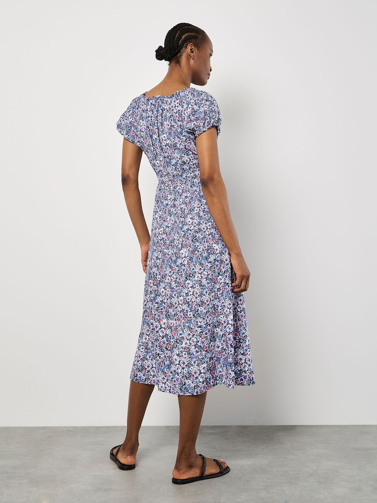 Apricot Purple Watercolour Floral Milkmaid Midi Dress - Image 2 of 4 Apricot Purple Watercolour Floral Milkmaid Midi Dress - Image 2 of 4