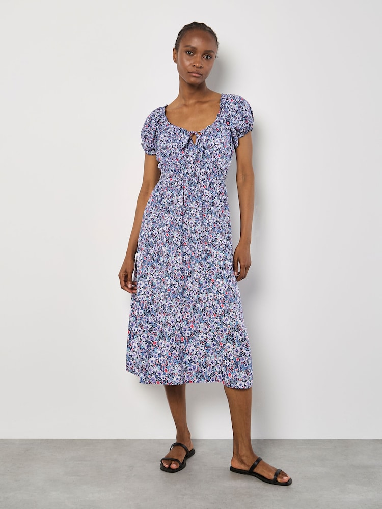 Apricot Purple Watercolour Floral Milkmaid Midi Dress - Image 4 of 4 Apricot Purple Watercolour Floral Milkmaid Midi Dress - Image 4 of 4