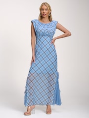 Jolie Moi Blue Lace Insert Mesh Maxi Dress - Image 4 of 6