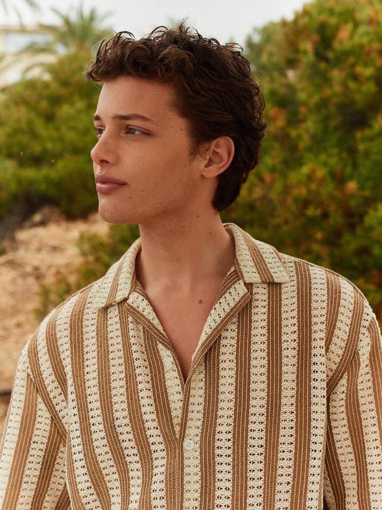 Neutral Stripe Crochet Short Sleeve Shirt - Image 1 of 7