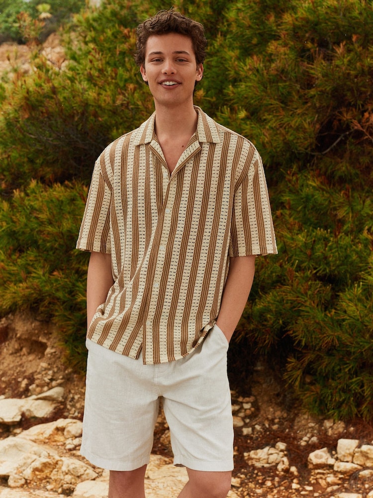 Neutral Stripe Crochet Short Sleeve Shirt - Image 2 of 7