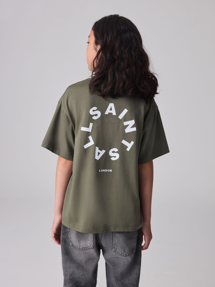 smALLSAINTS Khaki Green Tierra Oversized Crew Logo 100% Cotton T-Shirt - Image 2 of 9 smALLSAINTS Khaki Green Tierra Oversized Crew Logo 100% Cotton T-Shirt - Image 2 of 9
