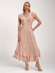 Crema - Jolie Moi Ruffle V-Neck Viscose Midi Dress - Imagen 1 de 6