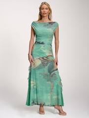 Jolie Moi Green Lace Insert Ruched Mesh Maxi Dress - Image 4 of 6