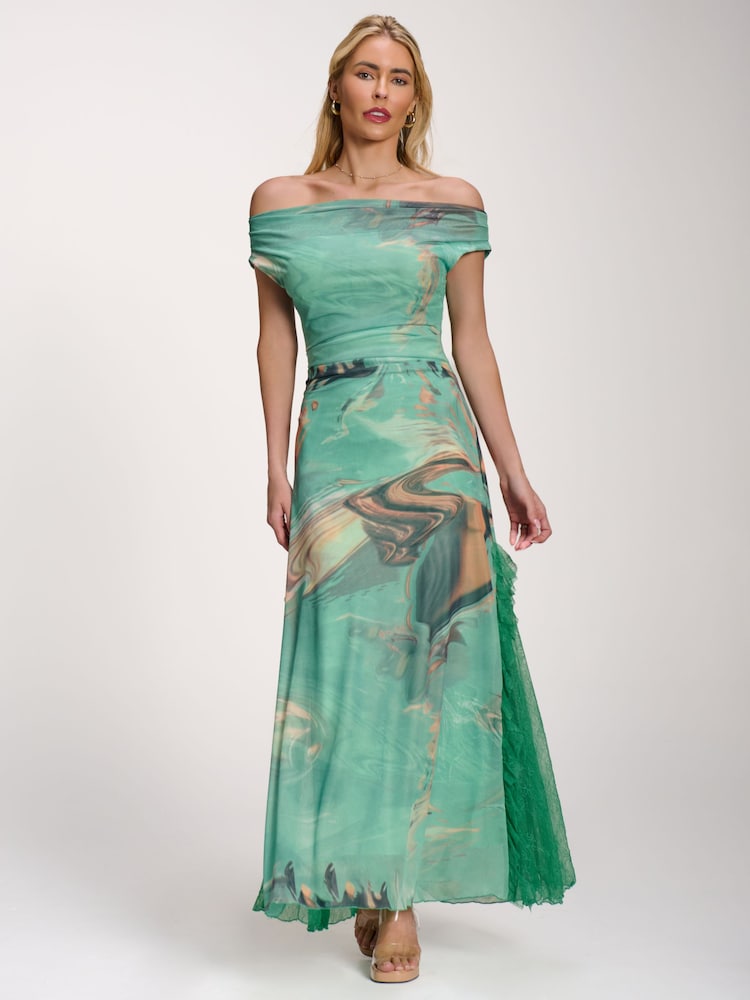 Jolie Moi Green Lace Insert Ruched Mesh Maxi Dress - Image 6 of 6