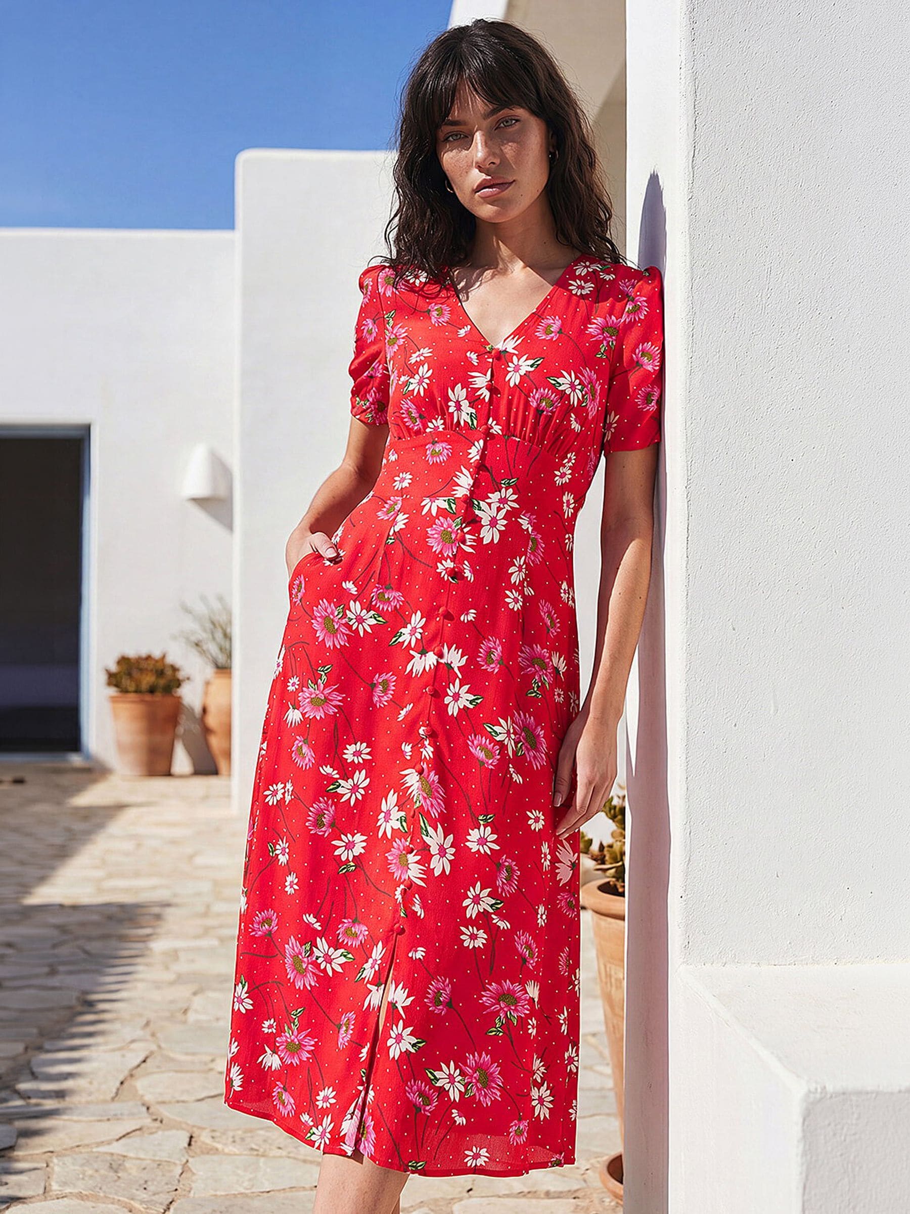Roman Originals Women's Red Roman Floral Ruched Sleeve Dress - Image 3