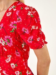 Roman Red Floral Ruched Sleeve Dress - Image 5 of 5