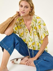 Roman Yellow Lemon Print Tie Front Top - Image 1 of 5
