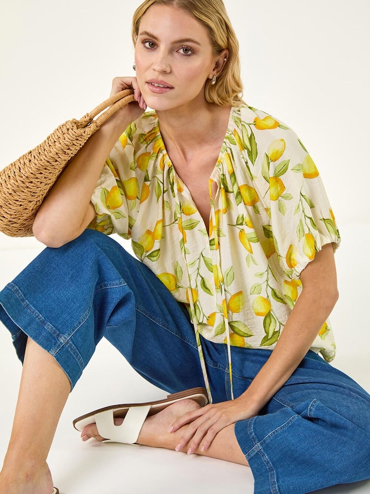 Roman Yellow Lemon Print Tie Front Top - Image 1 of 5