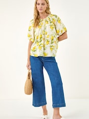 Roman Yellow Lemon Print Tie Front Top - Image 2 of 5
