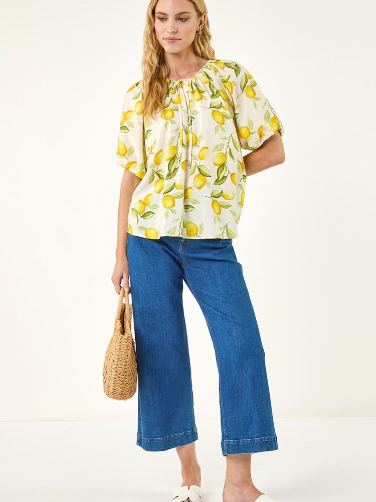 Roman Yellow Lemon Print Tie Front Top - Image 2 of 5