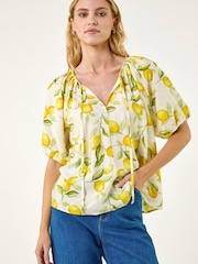 Roman Yellow Lemon Print Tie Front Top - Image 4 of 5