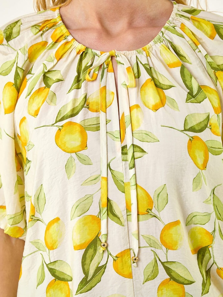 Roman Yellow Lemon Print Tie Front Top - Image 5 of 5