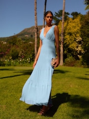 Light Blue Sleeveless V-Neck Plisse Tiered Maxi Dress - Image 2 of 6