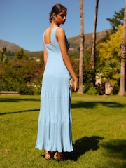 Light Blue Sleeveless V-Neck Plisse Tiered Maxi Dress - Image 3 of 6