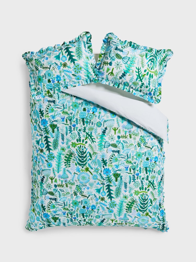 Lucy Tiffney Blue/Green 180 Thread Count Floral Ruffle 100% Cotton Bed Set - Image 5 of 5