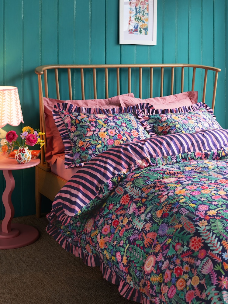 Lucy Tiffney Navy Floral Ruffle 180 Thread Count Duvet Cover and Pillowcase Set - Image 2 of 5