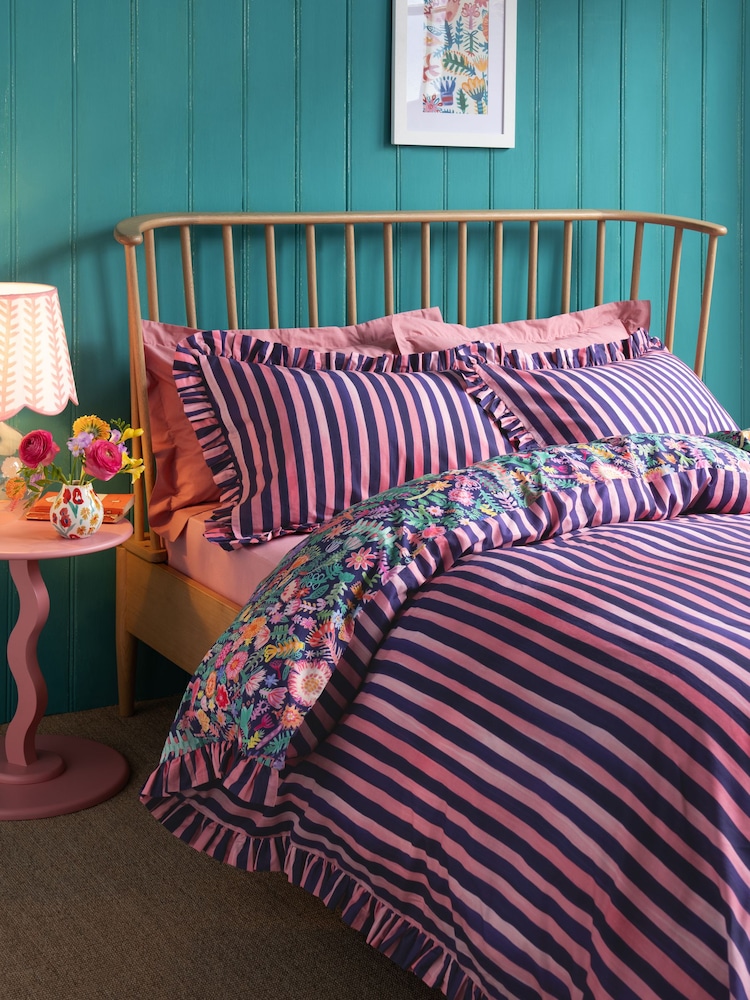 Lucy Tiffney Navy Floral Ruffle 180 Thread Count Duvet Cover and Pillowcase Set - Image 3 of 5