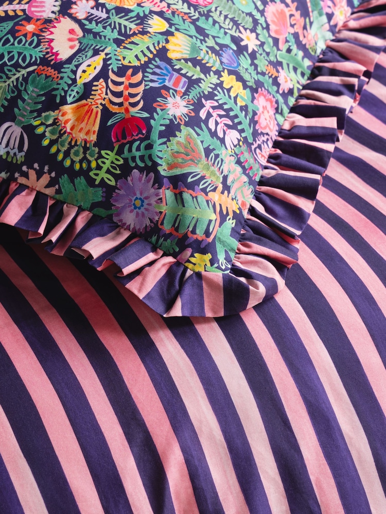 Lucy Tiffney Navy Floral Ruffle 180 Thread Count Duvet Cover and Pillowcase Set - Image 4 of 5