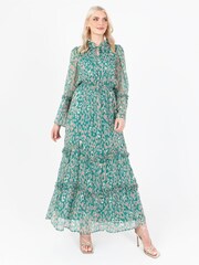 Lovedrobe Green Animal Print Tie Neck Maxi Dress - Image 1 of 4