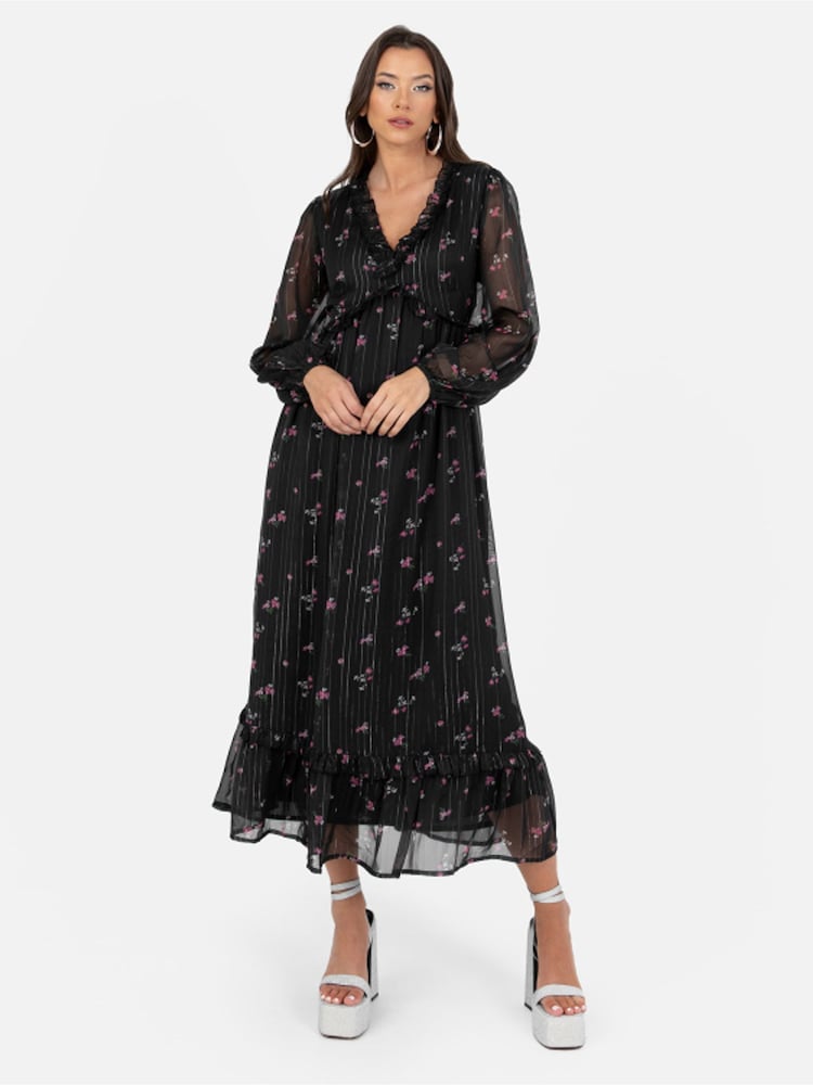 Lovedrobe Print Floral Frill Detail Black Midaxi Dress - Image 1 of 3 Lovedrobe Print Floral Frill Detail Black Midaxi Dress - Image 1 of 3