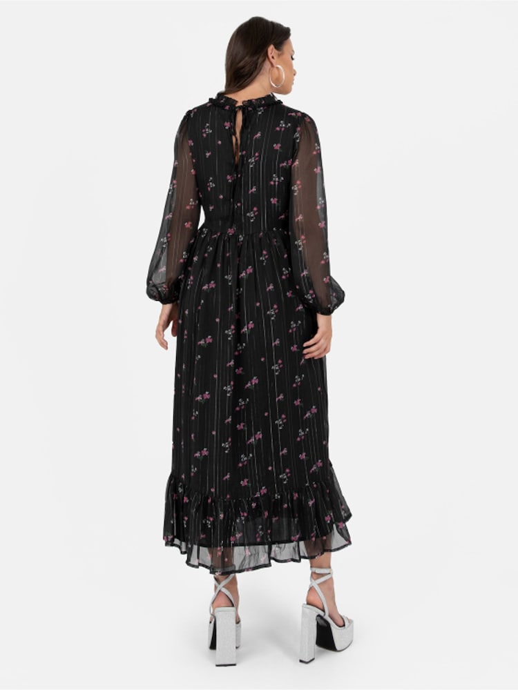 Lovedrobe Print Floral Frill Detail Black Midaxi Dress - Image 2 of 3 Lovedrobe Print Floral Frill Detail Black Midaxi Dress - Image 2 of 3